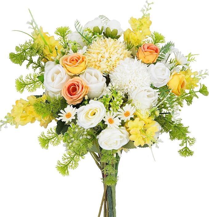 8Pcs Fake Flower Bouquet Artificial Silk Flowers White Yellow Rose Faux Floral - Image 7