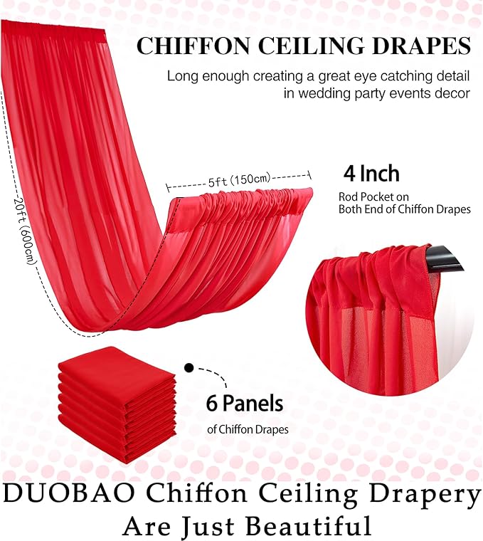 DUOBAO Chiffon Ceiling Drapes 20ft Red Wedding Backdrops Sheer Backdrop Curtains - Image 6