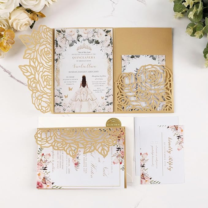 50pcs Gold Laser Cut Wedding Invitations Card Pocket - Image 3