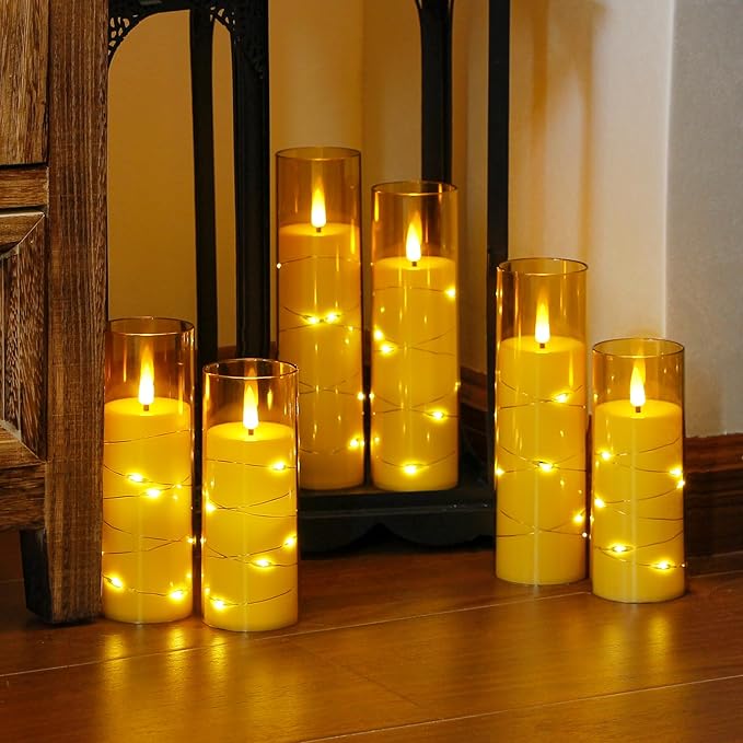 Gold Flameless Candles with Remote and String Light, 2.2"x 5" - Image 2