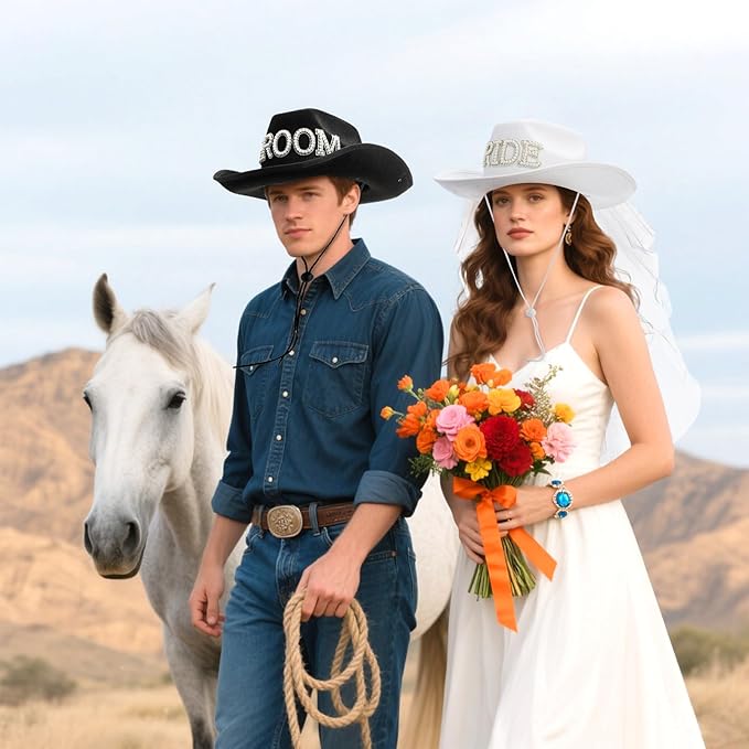 Frcctre 2 Pcs Bride Cowgirl Hat - Image 7