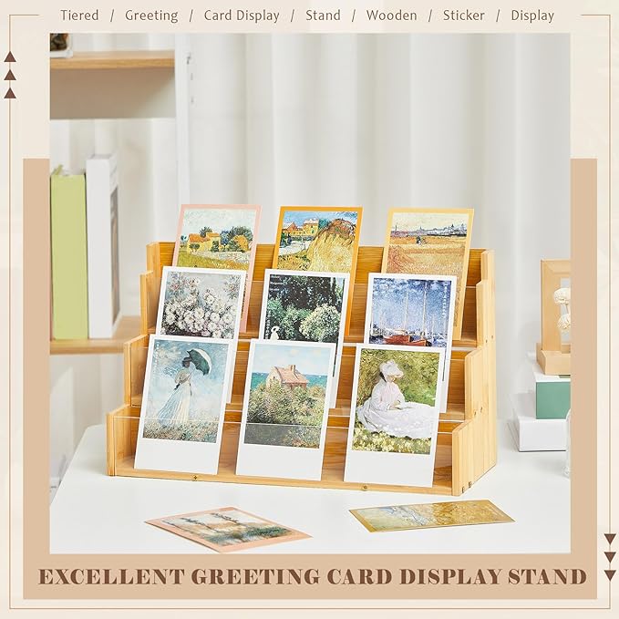 3 Tier Greeting Card Display Stand Wood Color Bamboo and Acrylic Sticker - Image 4