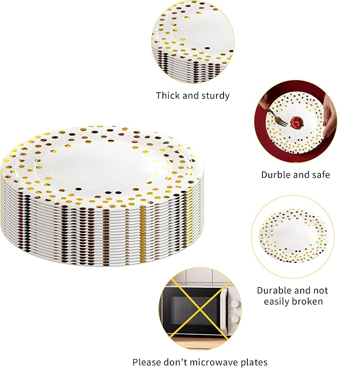 160 Pcs White and Gold Paper Plates, Forks and Cups Party Supplies, Disposable - Image 3