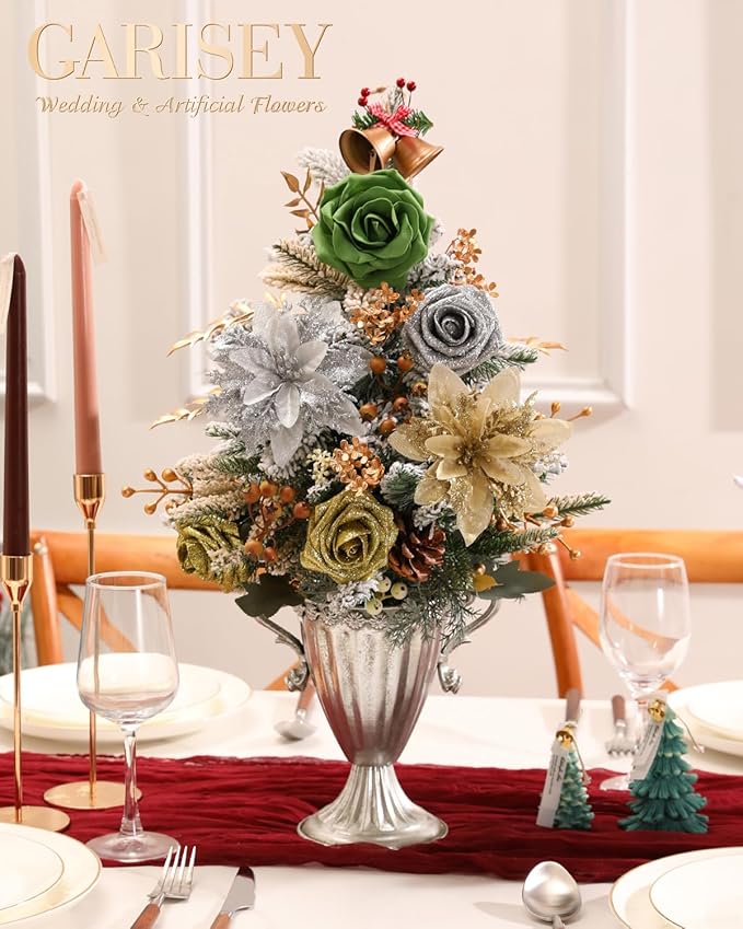 Christmas Artificial Flowers Poinsettia Flower Mix Silk Flowers Fake Roses - Image 2