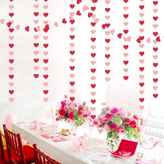 Red Pink Party-Decorations Heart Garland - 52ft Streamers Paper Banner - Image 2