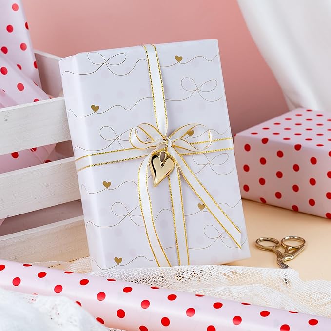 Flyhill Red Polka Dot Wrapping Paper, Reversible Pink Gold Elegant Bow & Heart - Image 6