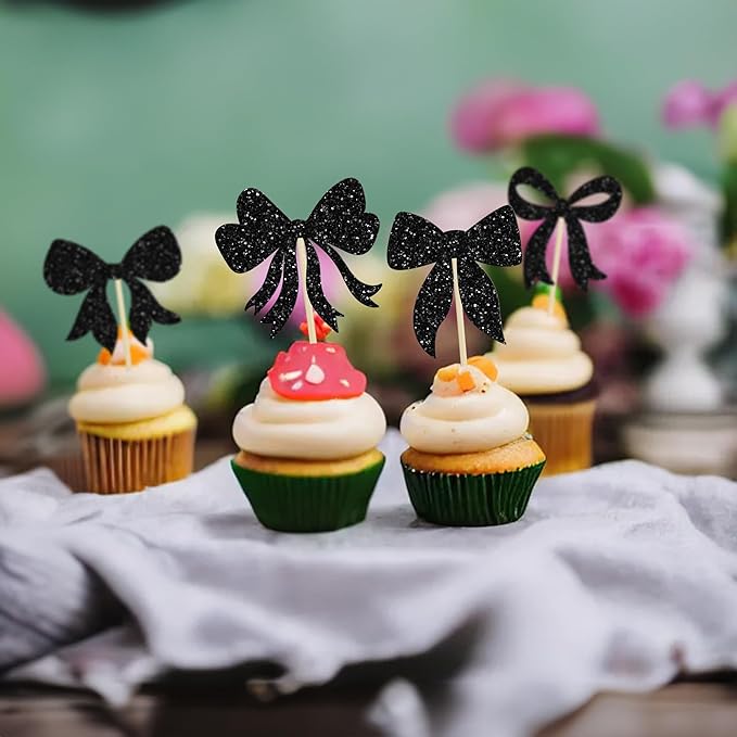 Gyufise 36Pcs Bow Cupcake Toppers Glitter Girls Birthday Decorations Bowknot - Image 5