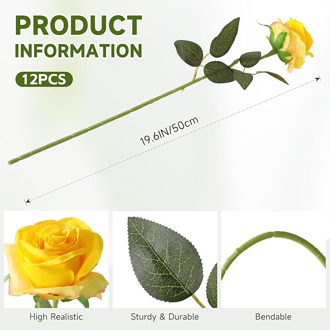 Tifuly Yellow Roses Artificial Flowers -12 pcs Realistic Single Long Stem Fake - Image 2