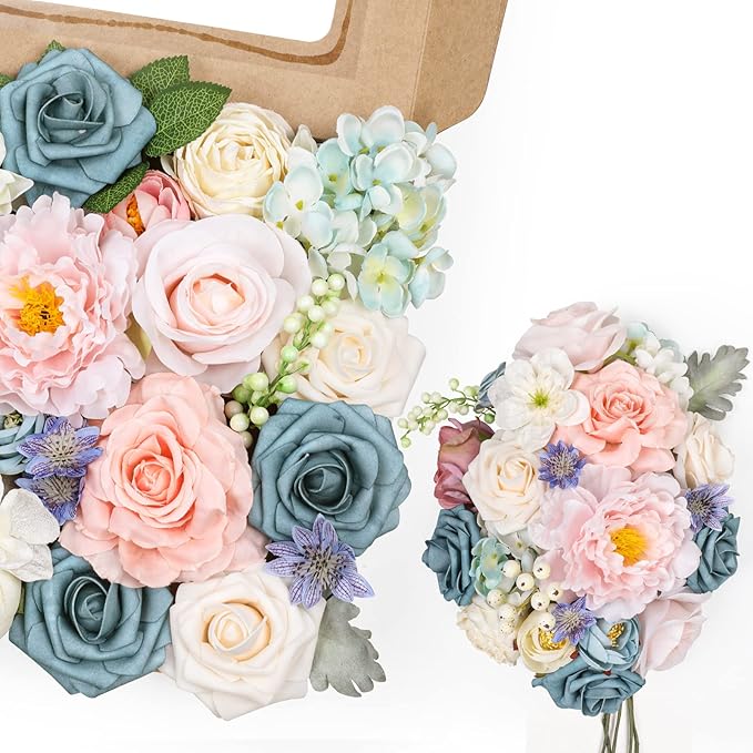AmyHomie Blue Pink Artificial Flowers Combo Silk Mix Peony Rose Hydrangea Daisy - Image 7