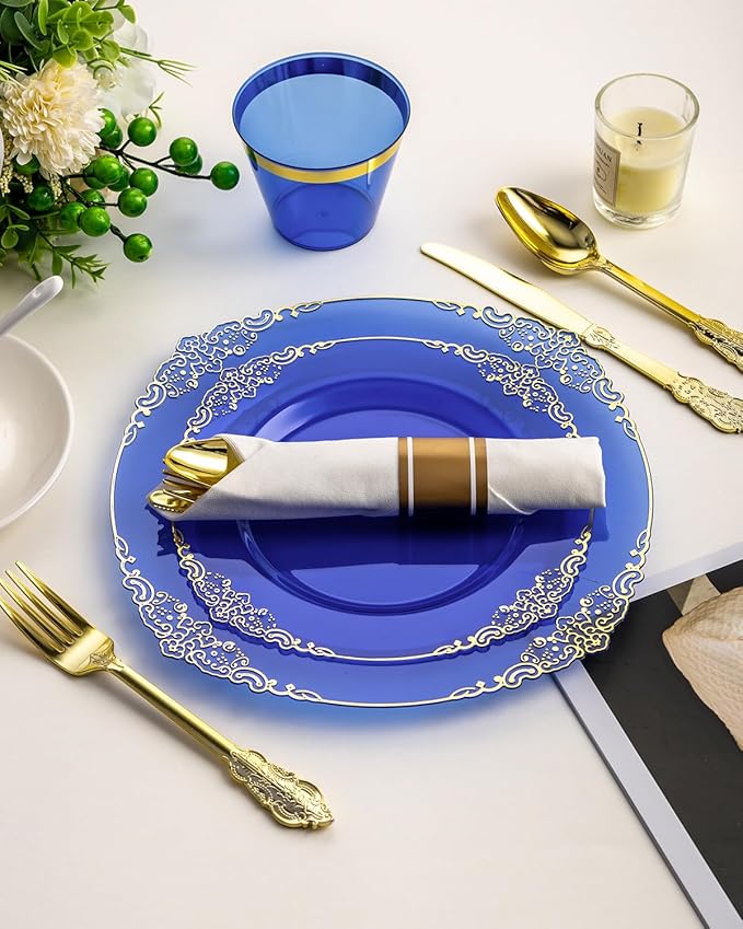 Goodluck 350 Piece Clear Blue Plastic Dinnerware Set - Image 7