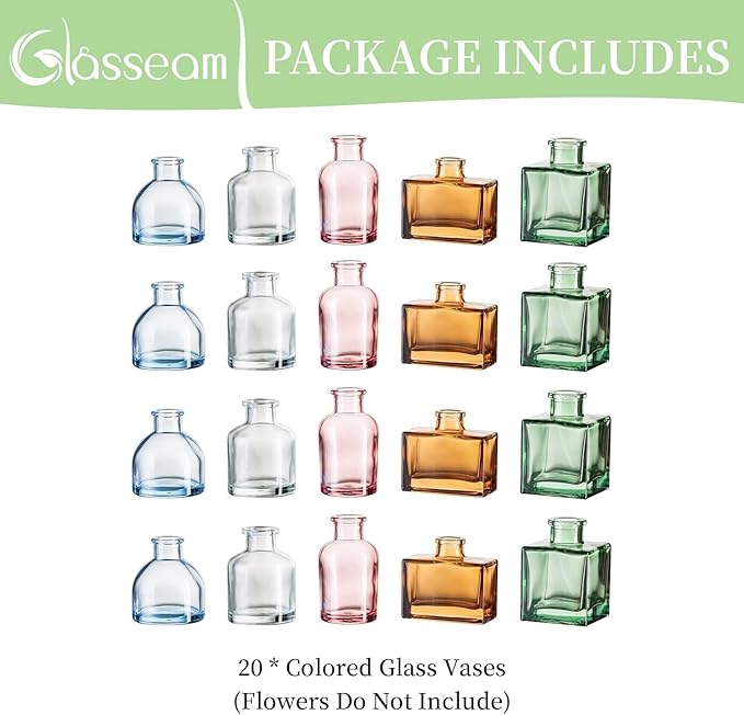 Glasseam Mini Bud Vases for Centerpieces: Colored Small Flower Vase Set of 20 - Image 8