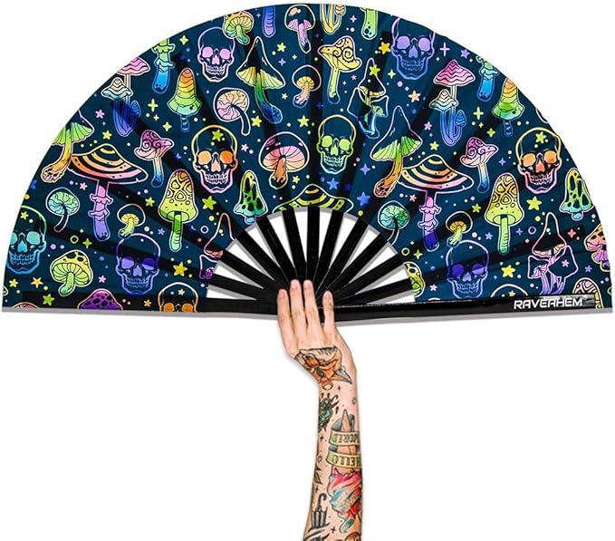 UV Glow Rave Fan, Bamboo Folding Clack Hand Fans Foldable by Raveahem