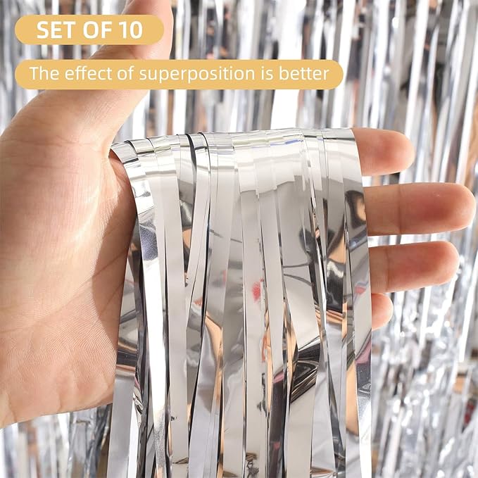 10 Pack Silver Foil Curtain Backdrop 3.2ft x 9.8ft Metallic Tinsel Foil Fringe - Image 2