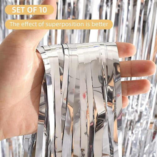 10 Pack Silver Foil Curtain Backdrop 3.2ft x 9.8ft Metallic Tinsel Foil Fringe - Image 2