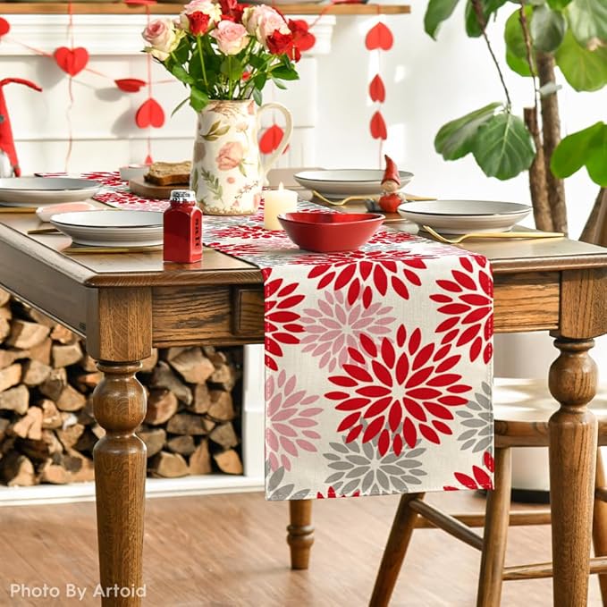 Artoid Mode Red Pink Dahlia Floral Pinnata Christmas Table Runner, Valentine - Image 3