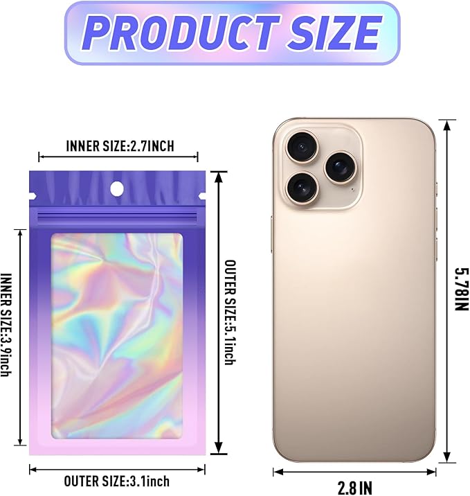 Funfery 100 Pack Holographic Bags, Mylar Resealable Bags - Image 2