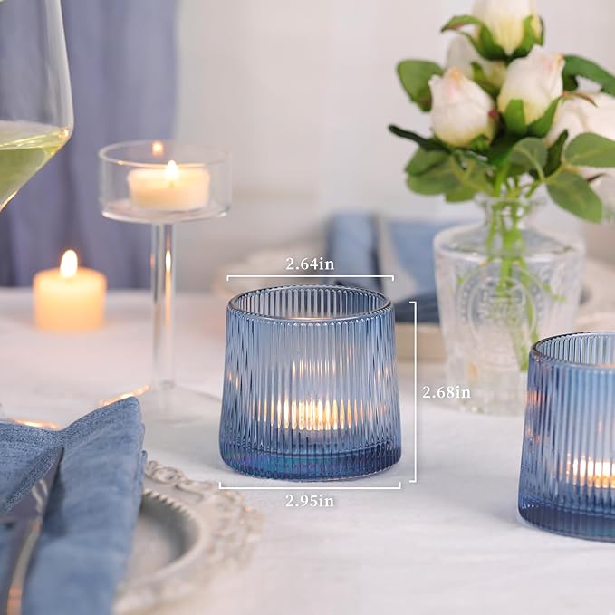 DARJEN Blue Ribbed Tealight Votive Candle Holders- 6Pack Glass Candle Holders - Image 2