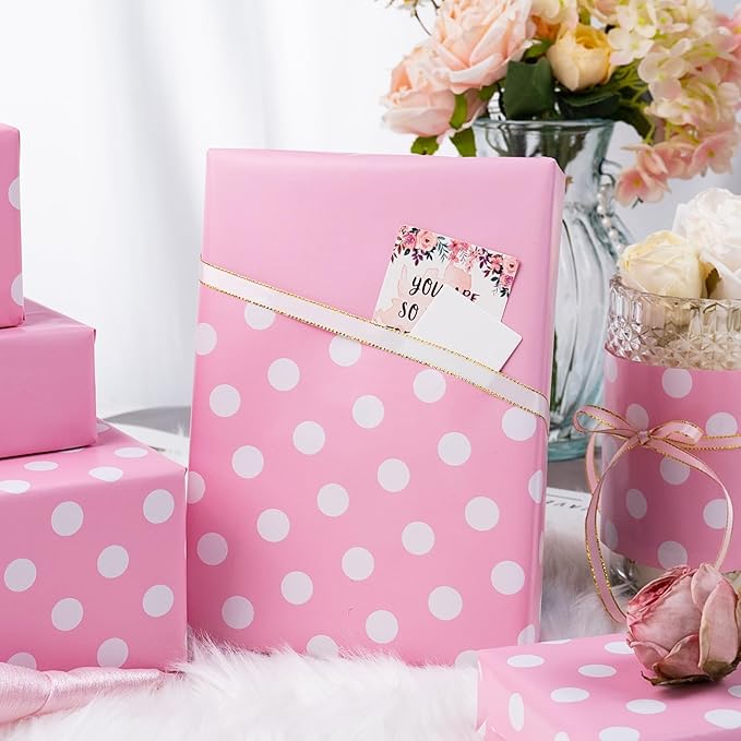 Burymento Pink and White Dots Wrapping Paper, Reversible Pink Gift Wrap - Image 3