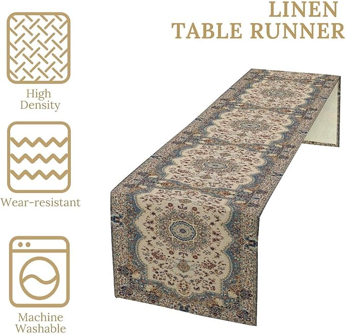 Boho Bohemia Style Table Runner, Vintage Blue Teal Gold Retro Flower Rustic - Image 5