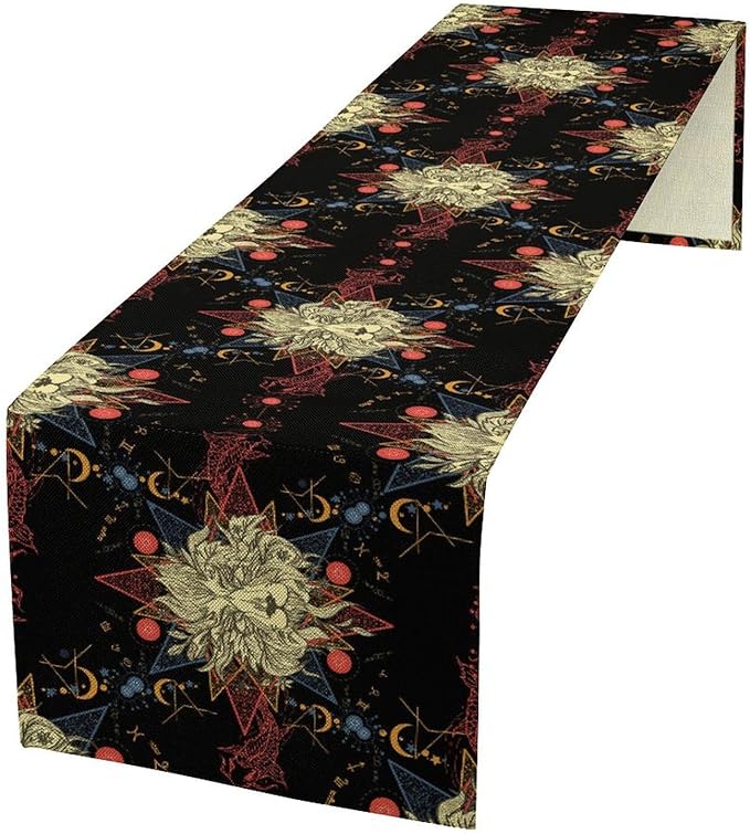 Boho Moon Lion Table Runner, Chinese Fish Phase of The Moon Sun Moon Table by ShiTingYu