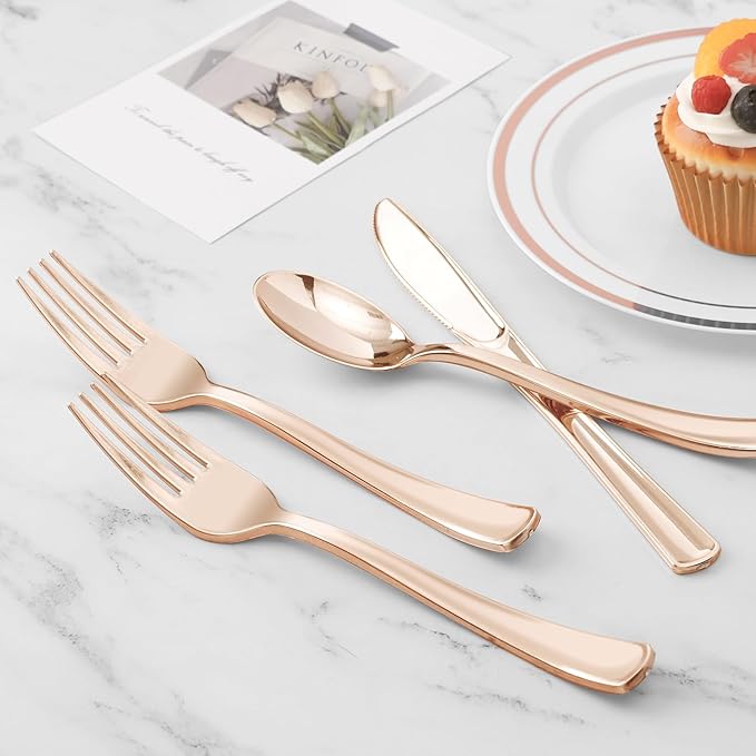 BESTVIP 100 Pack Pre Rolled Rose Gold Plastic Silverware Set, Disposable - Image 5