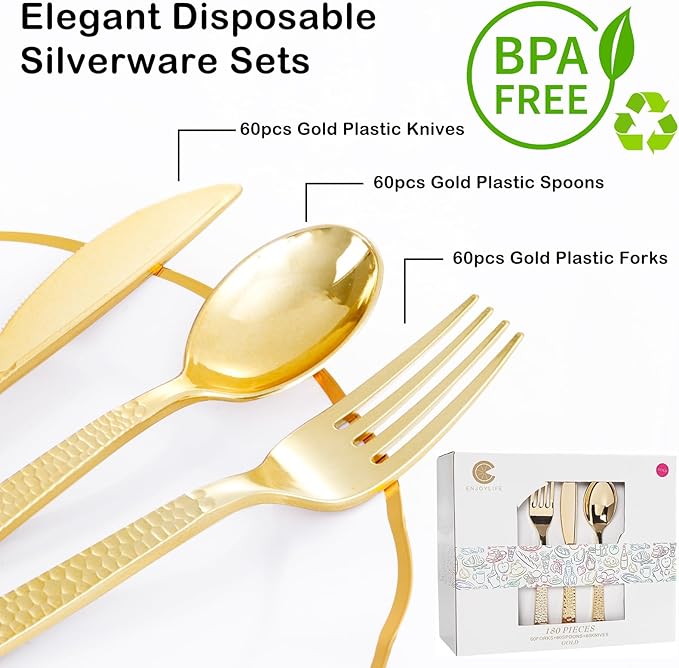 Supernal 180 pieces Gold Plastic Silverware, Disposable Plastic Utensils Heavy - Image 7