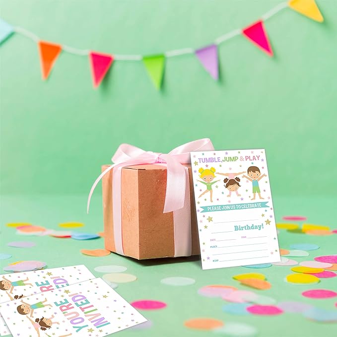 Gymnastics Birthday Party Invitation, Tumble Jump & Play Invite Cards（20 Count) - Image 4