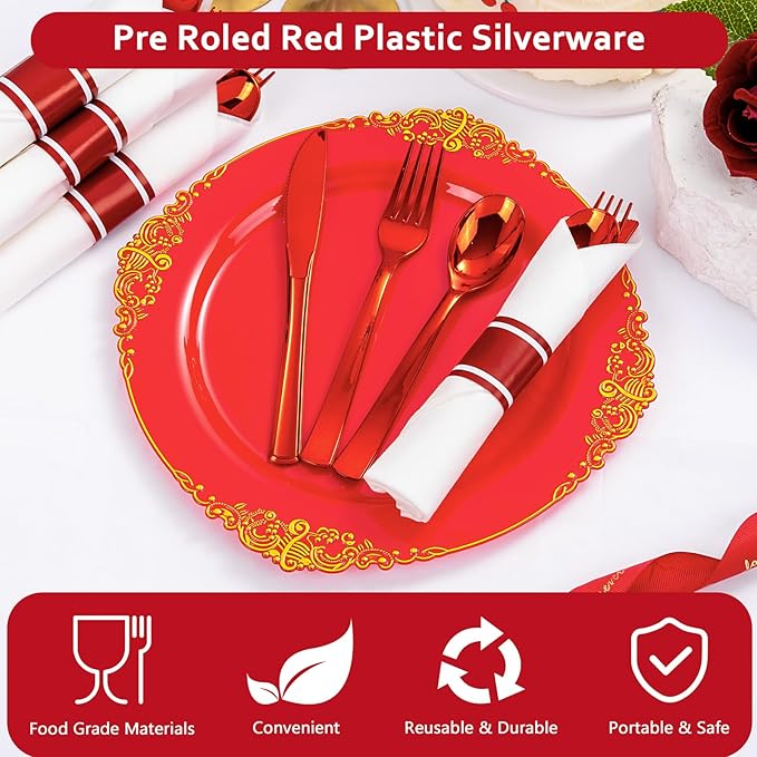 400PCS Pre Rolled Red Plastic Silverware Sets - Image 9