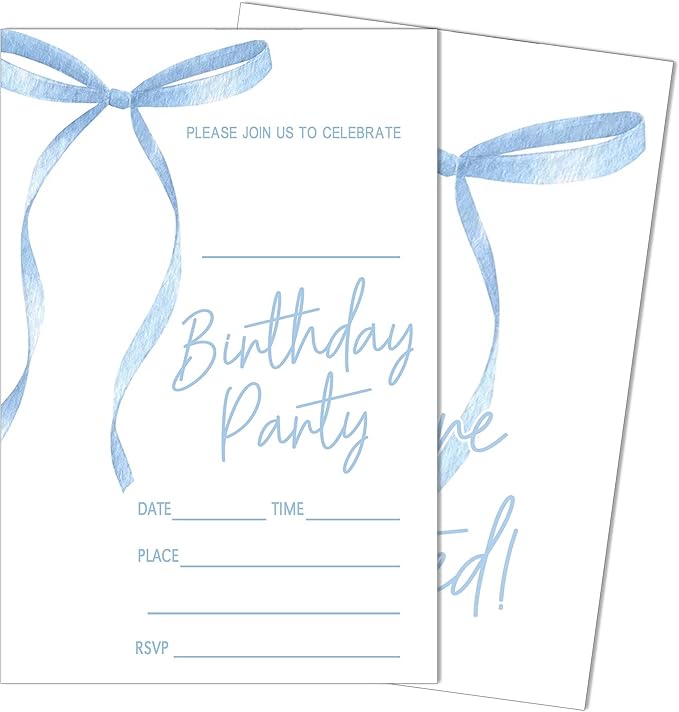 SIXEIGHT Blue Bow Birthday Invitations Blue Ribbon Bow Birthday Party by SIXEIGHT