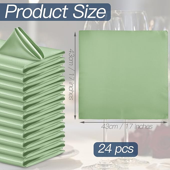P Pothuiny 24 Pcs Silky Sage Green Satin Napkins 17 x 17 Inches, Square Smooth - Image 2