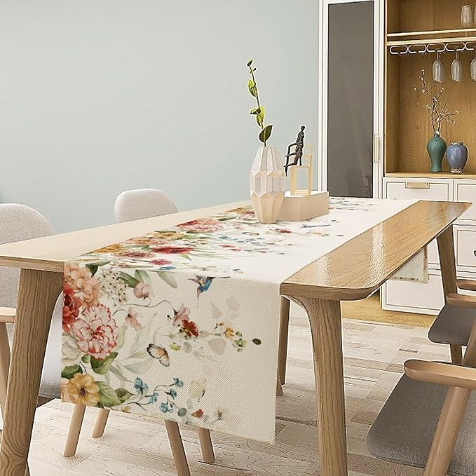 Rustic Floral Table Runner, Watercolor Flower Leaves Hummingbird Butterfly - Image 6