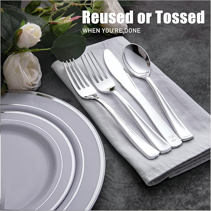 WDF 160 Pieces Silver Plastic Silverware - Image 6