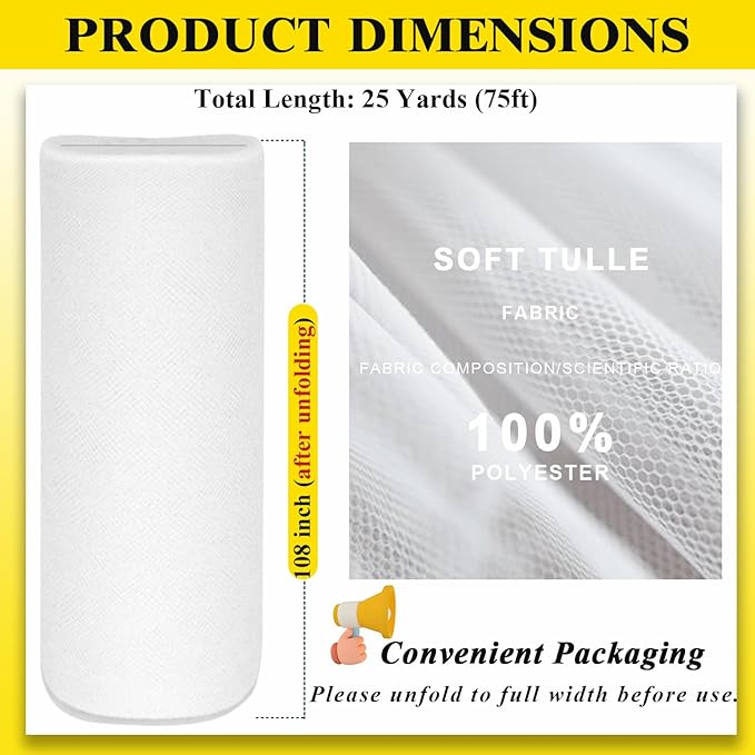 108 Inch 25 Yards White Tulle Fabric Roll, Extra Large Matte Tulle Netting Bolt - Image 3