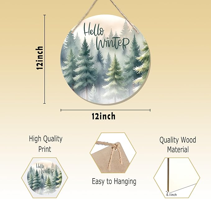 CGBHW Hello Winter Welcome Forest Wooden Sign, Winter Farmhouse Pine Trees - Image 7