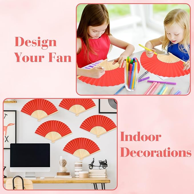 12 Pieces Red Hand Held Bamboo Folding Fans Paper Fans Handheld - Image 4