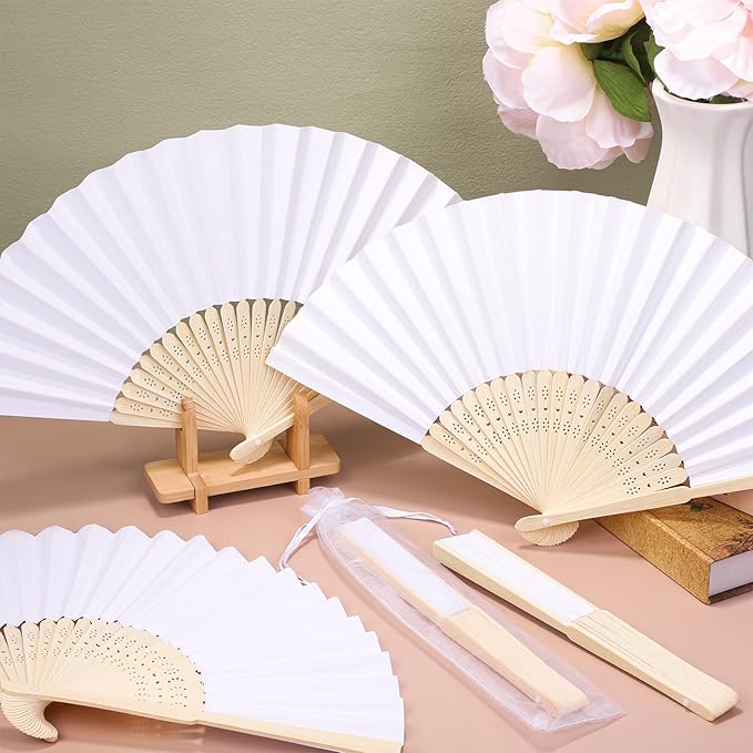 MCEAST 80 Pieces White Folding Paper Fans Wedding Fans Handheld Paper Fan White - Image 5