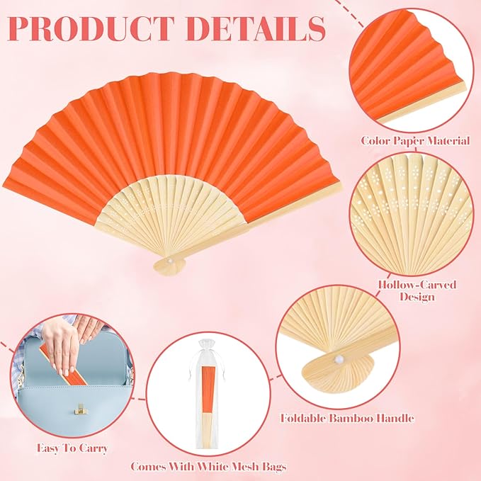 12 Pieces Orange Hand Held Bamboo Folding Fans Paper Fans Handheld - Image 3