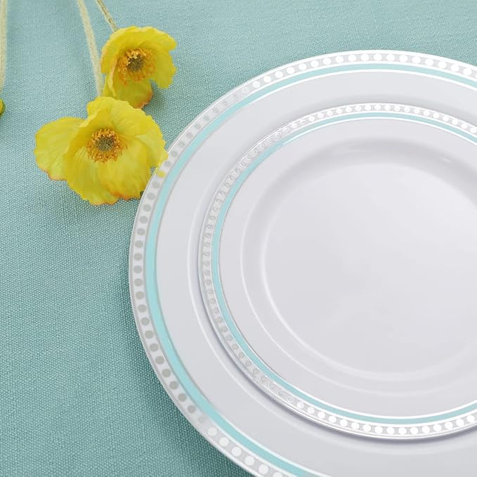 COLOSUS 125pcs Disposable Silver Blue Plastic Plates and Silverware .Light baby - Image 2