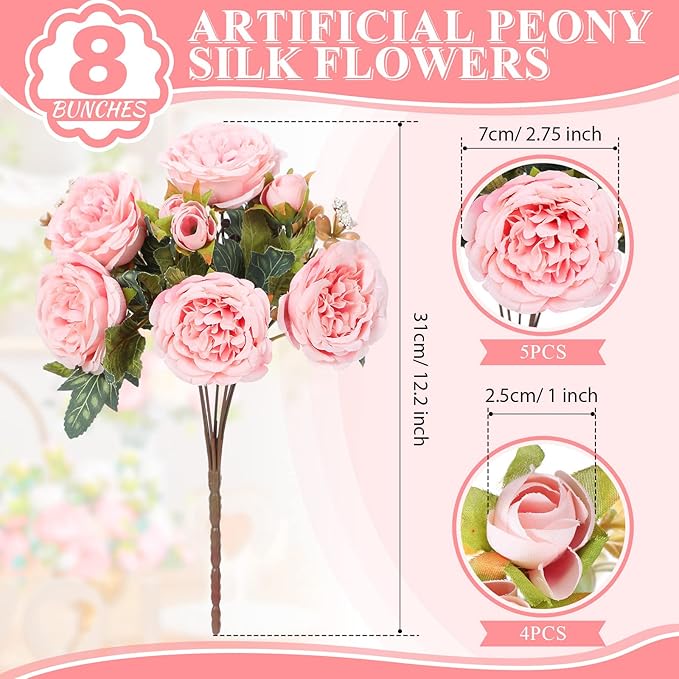 8 Bundles Artificial Peonies Flowers Boho Faux Flowers Arrangements Artificial - Image 2
