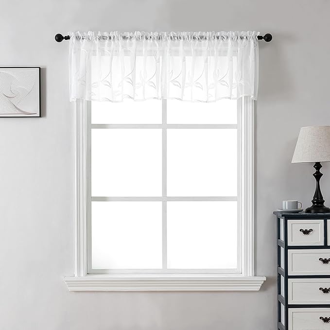 VISIONTEX Sheer Voile Curtain Valances, Decorative Leaves Embroidered, Rod by VISIONTEX