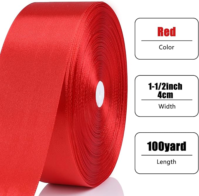NESCCI 100 Yards Ribbon, 1-1/2 Inch Red Satin Ribbon, Single Face Satin Ribbons - Image 2