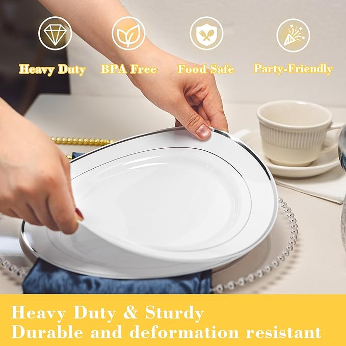 N9R 100PCS Silver Plastic Plates, 10.25 inch White Disposable Dinner Plate - Image 3