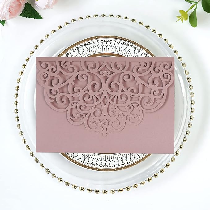 PONATIA 5.12 x 7.2 Dusty Rose Laser Cut Wedding Invitations, 5x7 Trifold Laser - Image 5