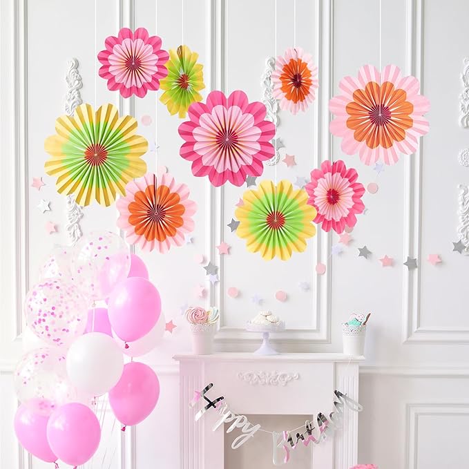 SUNBEAUTY 9 PCS Paper Flowers Decorations Hanging Carnival Paper Fans - Image 7