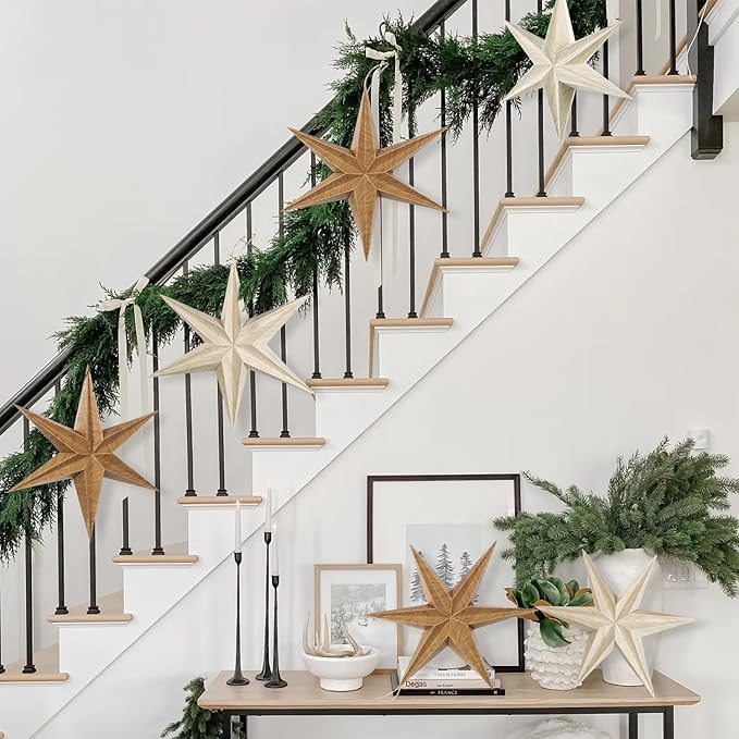 EASY JOY 5 Pcs Wood Grain Paper Star Lanterns 6-Pointed 12 Inch Christmas - Image 5