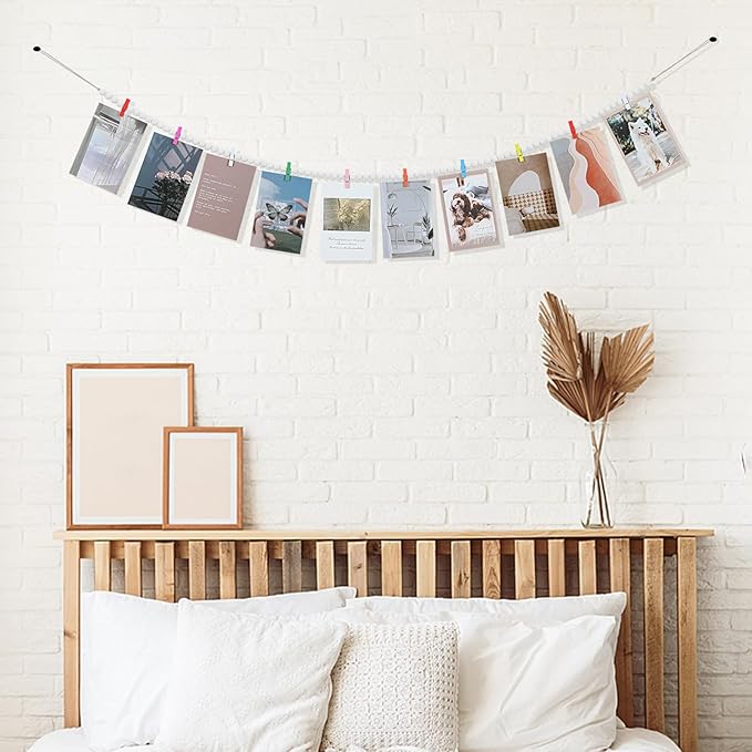 Hanging Photo Display with Clips, Boho Wooden Bead Garland Collage Picture - Image 2