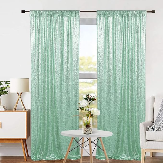 Eternal Beauty Sequin Backdrop Curtains, 2x8 Ft-2 Panels Mint Green Back Drop - Image 4
