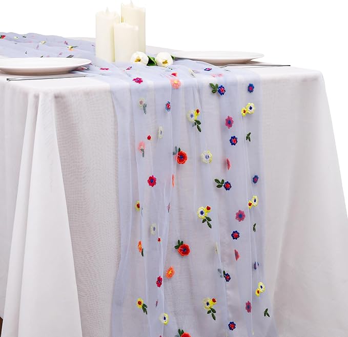 BINBE 1pcs Daisy Fall Table Runner Embroidery Gauze 10FT Florals Seasonal Tulle by BINBE