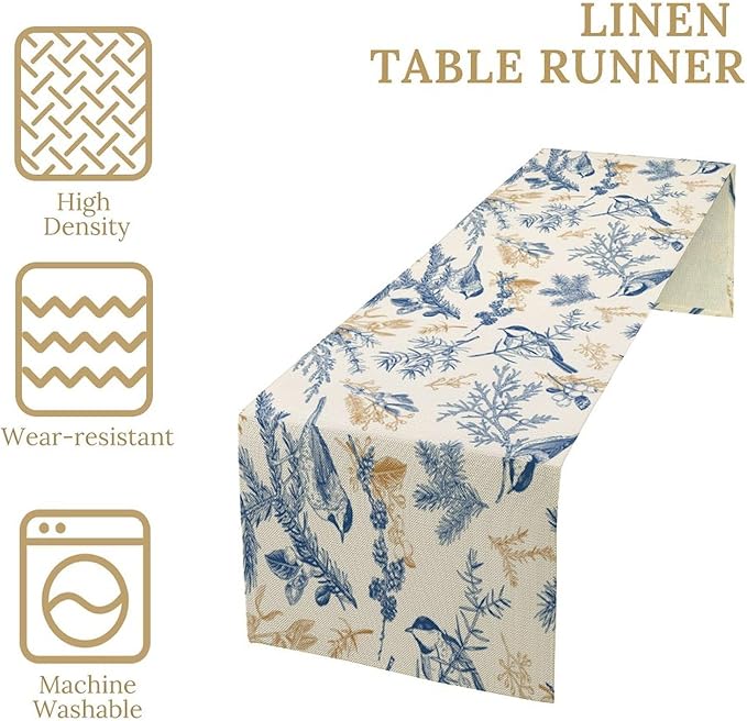 Chinoiserie Flowers Table Runner, Seasonal Spring Fall Plants Blue Florals - Image 4
