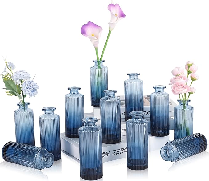 Navy Blue Glass Bud Vases Set of 12, Mini Ribbed Flower Vase by UPBUD